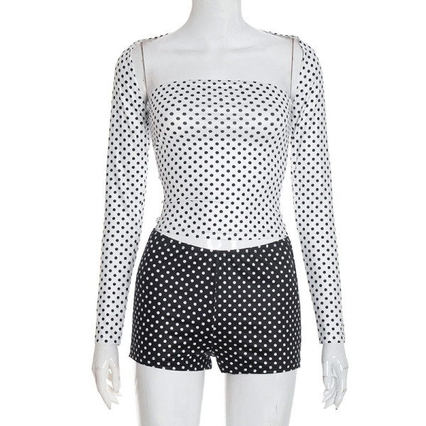 Color blocking polka dot long sleeved shawl shorts vest three piece set