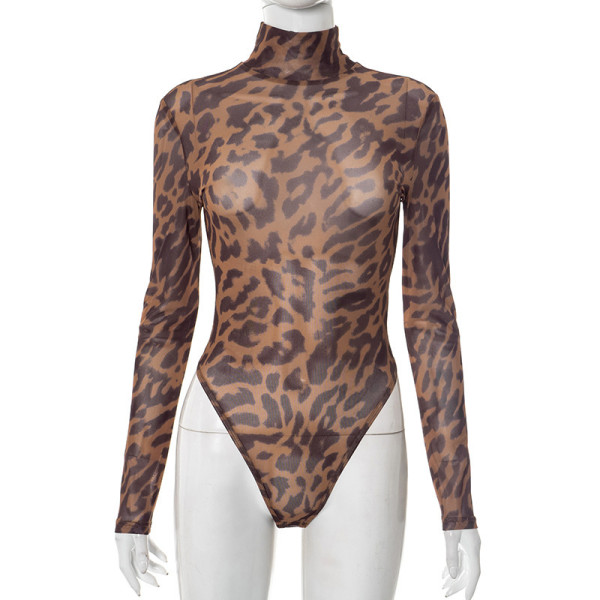 Leopard print mesh high neck long sleeved set finger jumpsuit tight pants set