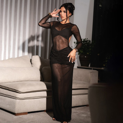 Hollow mesh pleated transparent backless patchwork dress