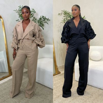 Two piece set of Western pants with large collar and pleated sleeves