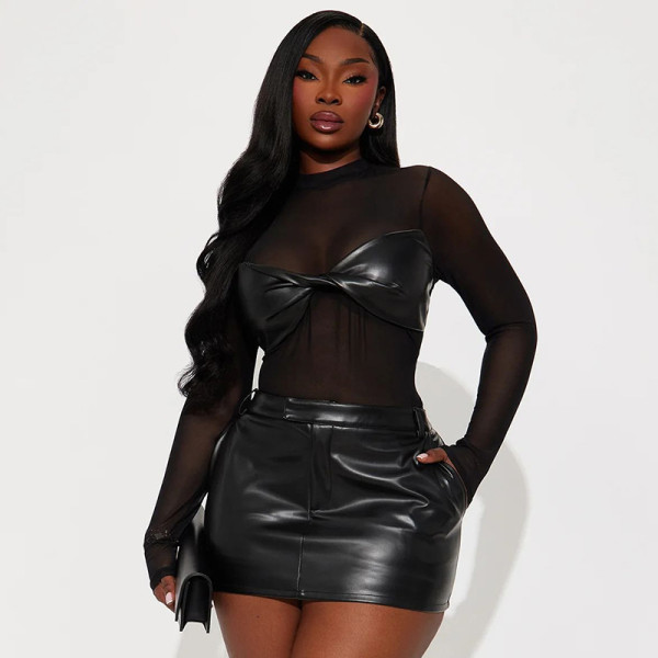 Mesh PU leather long sleeved twisted tight jumpsuit