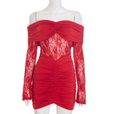 One shoulder lace patchwork hip hugging mini dress