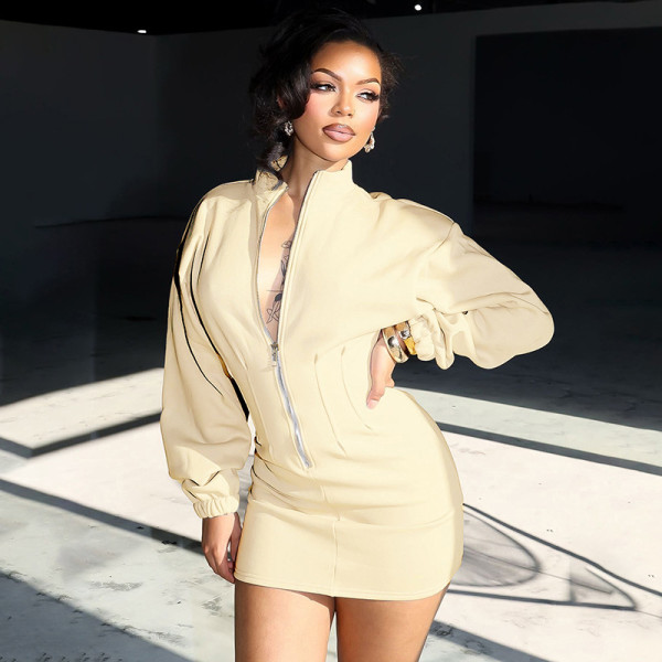 Long sleeved stand up collar zipper waist cinching hoodie dress