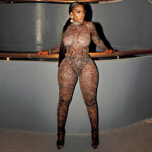 Leopard print mesh high neck long sleeved set finger jumpsuit tight pants set
