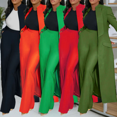 Flip collar long suit two-piece set