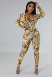 Leopard print exposed shoulder strap hat jumpsuit