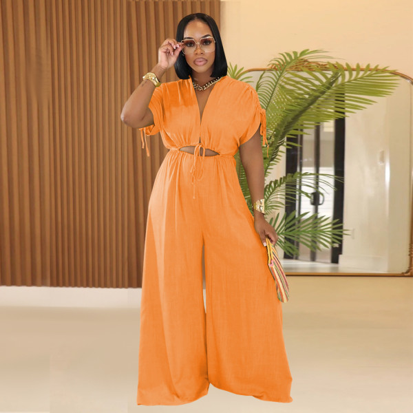 V-neck lace up wide leg jumpsuit