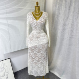 Lace hollow V-neck long sleeved fishtail dress long skirt