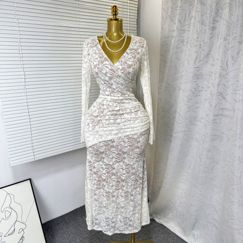 Lace hollow V-neck long sleeved fishtail dress long skirt