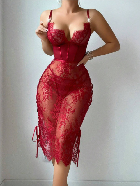 Lace hollow out red chest hugging underwear dress