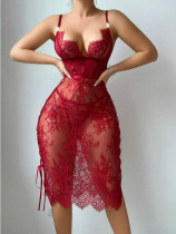 Lace hollow out red chest hugging underwear dress