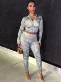 Printed long sleeved zipper cardigan and pants two-piece set with exposed navel