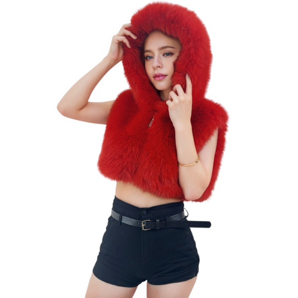 Fur zipper hooded sleeveless crop top short jacket