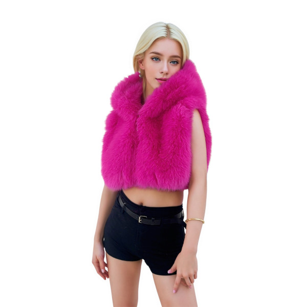 Fur zipper hooded sleeveless crop top short jacket