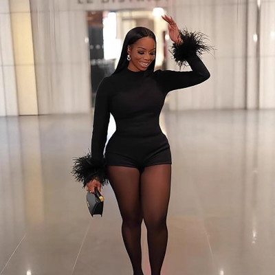 Round-neck backless long-sleeved plush solid color body suit D9580