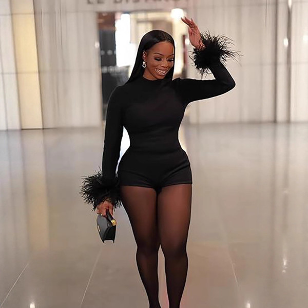 Round-neck backless long-sleeved plush solid color body suit D9580