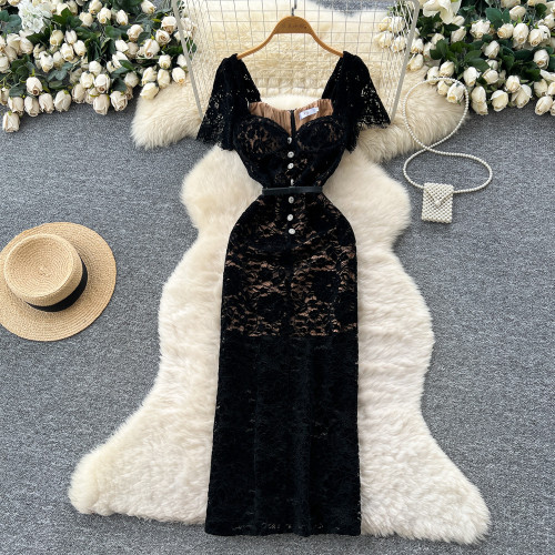 Square collar buckle strap waist cinching short sleeved plush lace long skirt