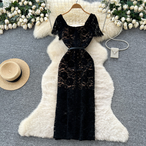 Square collar buckle strap waist cinching short sleeved plush lace long skirt