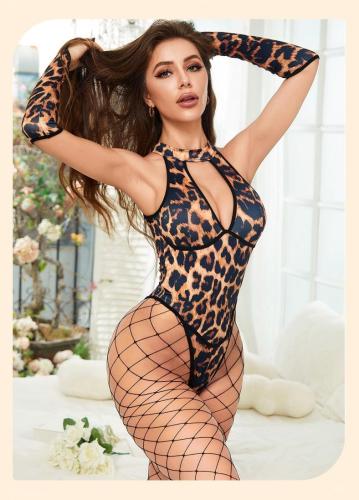 Stocking leopard print hollowed out three piece set, fun and integrated set