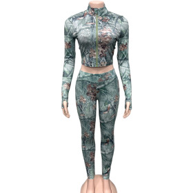 Printed long sleeved zipper cardigan and pants two-piece set with exposed navel