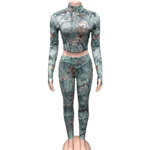 Printed long sleeved zipper cardigan and pants two-piece set with exposed navel