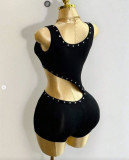 Strappy belly-baring irregular cut sleeveless T-shirt jumpsuit shorts