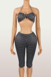 Spot printed camisole top waist up and hip up 7-inch pants set