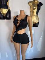 Strappy belly-baring irregular cut sleeveless T-shirt jumpsuit shorts Strappy belly-baring irregular cut sleeveless T-shirt jumpsuit shorts