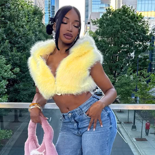 Fur zipper hooded sleeveless crop top short jacket