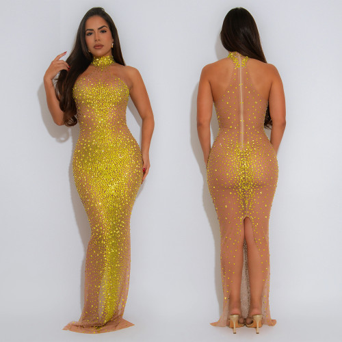 Perspective mesh rhinestone dress