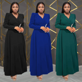 Waist cinched cross lapel long sleeved dress