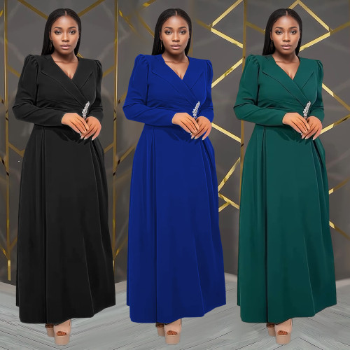 Waist cinched cross lapel long sleeved dress