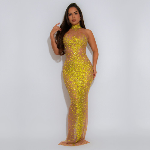 Perspective mesh rhinestone dress