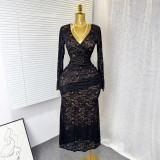 Lace hollow V-neck long sleeved fishtail dress long skirt
