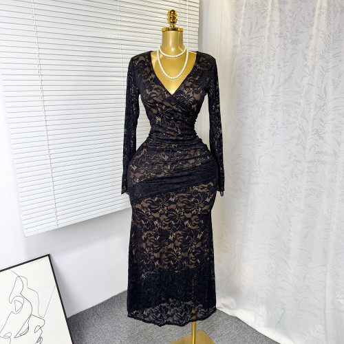 Lace hollow V-neck long sleeved fishtail dress long skirt