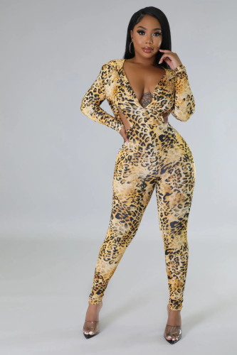 Leopard print exposed shoulder strap hat jumpsuit