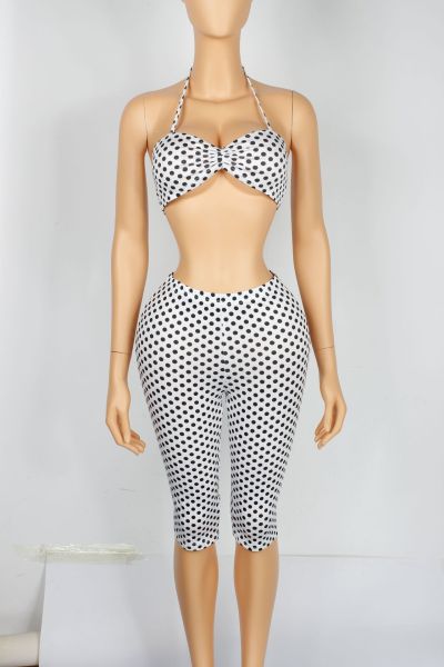 Spot printed camisole top waist up and hip up 7-inch pants set