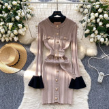Color blocking metal buckle strap waist cinching knitted dress