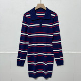 Color blocking striped dress, lapel, long sleeved sweater dress