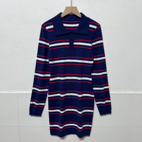 Color blocking striped dress, lapel, long sleeved sweater dress