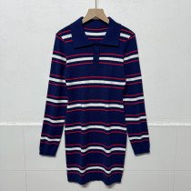 Color blocking striped dress, lapel, long sleeved sweater dress Color blocking striped dress, lapel, long sleeved sweater dress