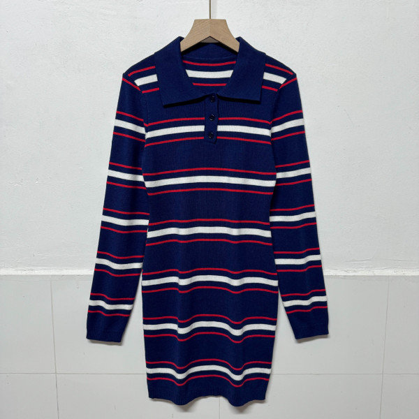 Color blocking striped dress, lapel, long sleeved sweater dress