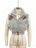 Sleeveless plush zipper cardigan with metal leather buckle and exposed navel top