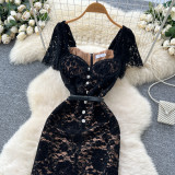 Square collar buckle strap waist cinching short sleeved plush lace long skirt