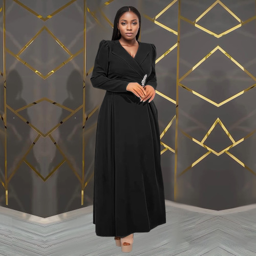 Waist cinched cross lapel long sleeved dress