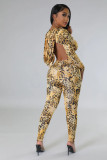 Leopard print exposed shoulder strap hat jumpsuit