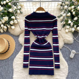 Color blocking striped dress, lapel, long sleeved sweater dress
