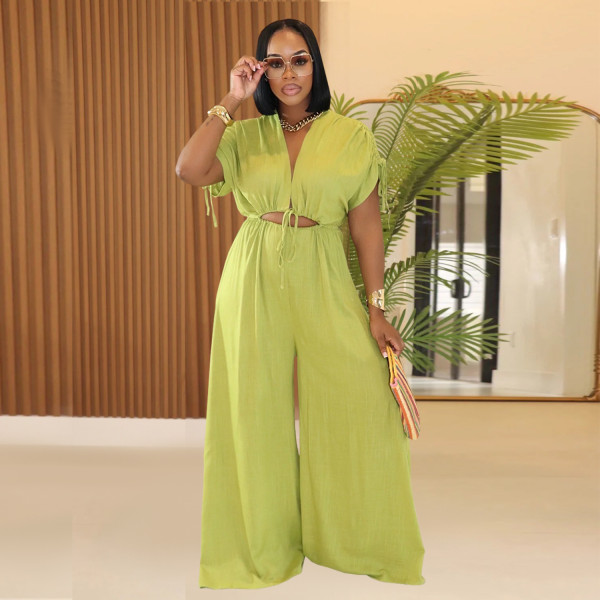 V-neck lace up wide leg jumpsuit
