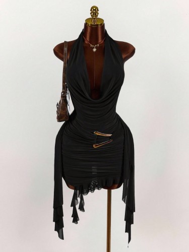 Hanging neck backless short skirt irregular dress