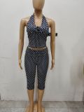 Sleeveless V-neck halter top, backless top, tight pants two-piece set